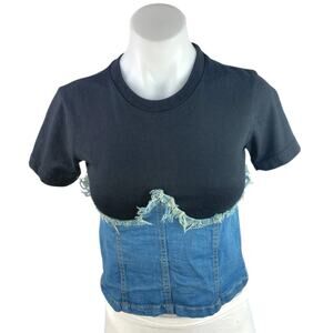 Thrill Women Blue Black Patchwork Colorblock Denim Jeans Frayed Tshirt Tee Top M